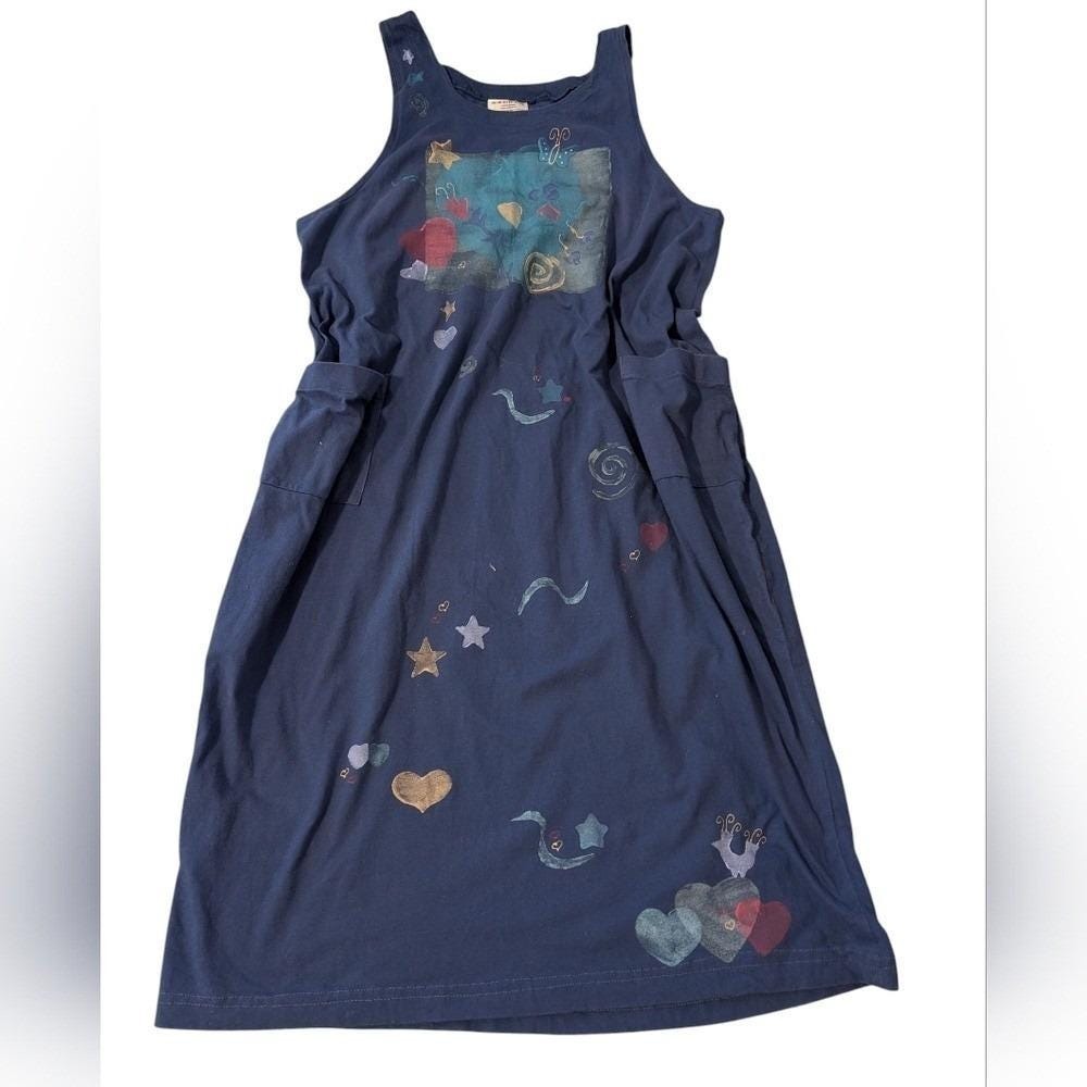 Vintage Blue-Eyed Bear Hand‎ Block Painted Dress Butterfly Floral Celestial